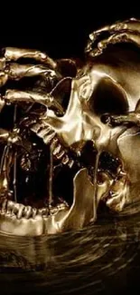 Golden skull with metallic finish on dark background.