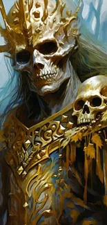 Golden skull fantasy art with intricate details, ideal for phone wallpaper.