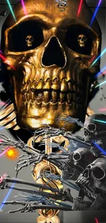 Golden skull art with colorful beams in a gothic fantasy style.