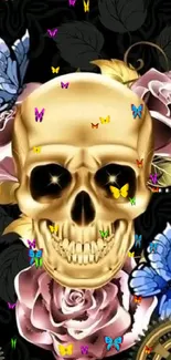 Golden skull with roses and butterflies on a black background.