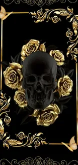 Black skull surrounded by gold roses and intricate designs on mobile wallpaper.