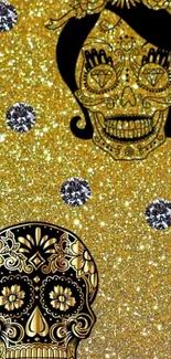 Golden glitter skull wallpaper with diamond accents.