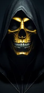 Mobile wallpaper featuring a golden skull in a dark hood, with bold contrast.