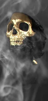 Golden skull surrounded by swirling gray smoke.