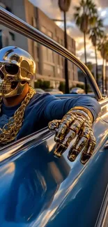 Golden skull with chains in vintage car during sunset.