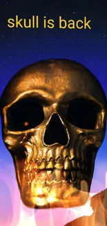 Golden skull on fiery background with night sky for phone wallpaper.