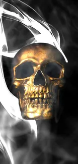 Golden skull with smoke on a dark background, artistic and edgy design.