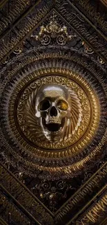 Ornate golden skull wallpaper with intricate details for mobile devices.