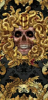 Golden skull with snakes wallpaper, perfect for luxury mobile backgrounds.