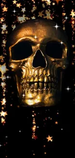 Golden skull and stars on black phone wallpaper.