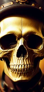 Golden steampunk skull artwork on mobile wallpaper.