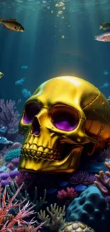 Golden skull in ocean with coral and fish.