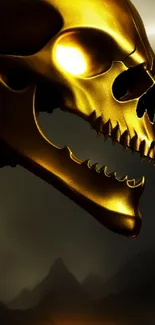 Golden skull with mountains in background, perfect for mobile wallpapers.