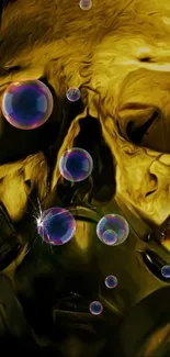 Golden skull with iridescent bubbles wallpaper