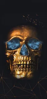 Golden skull with blue aura on dark background wallpaper.