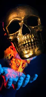 Golden skull with flames in dark background wallpaper.