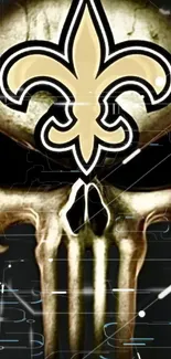 Golden skull with a fleur-de-lis design on a dark background.