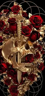 Golden skull with red roses on a black background.