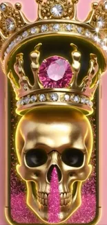 Golden skull with a jewel-adorned crown on pink background.