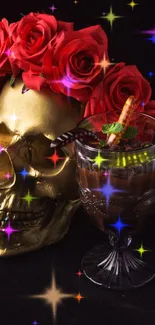 Golden skull with red roses and sparkly background on mobile wallpaper.