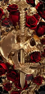 Golden skull with red roses mobile wallpaper, dark and luxurious design.