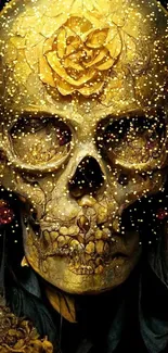 Artistic golden skull with floral design, perfect for wallpaper.