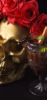 Golden skull with red roses and dessert in artful display.