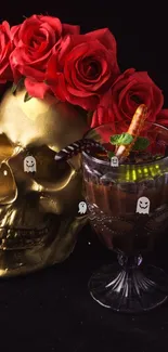 Golden skull with red roses and drink on dark background.