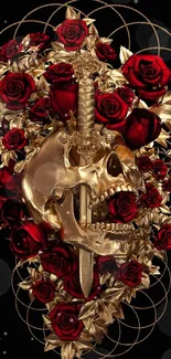 Golden skull with red roses and intricate design on a dark background.
