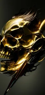 Golden skull paired with a sword, set against a dark background.