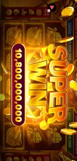 Golden-themed slot machine wallpaper featuring major 'Super Win' with coins.