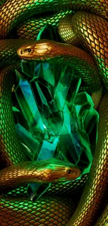 Golden snakes entwined around emerald crystals.