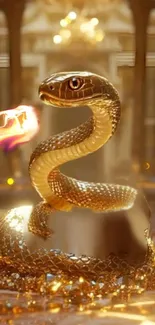 A golden snake in a mystical cave surrounded by a fiery glow.