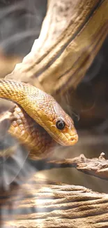 Golden snake coiled on a branch.