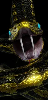 Striking golden snake with fangs and intricate scales on a dark background.