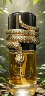 Perfume bottle wrapped with a gold snake in a jungle setting.