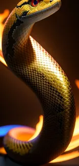 Golden snake with fiery glow on a dark background, showcasing contrast and warmth.