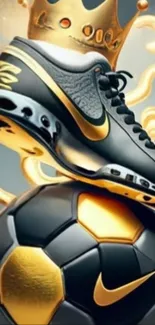Golden sneakers and soccer ball with crown design.