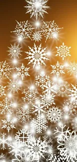 Mobile wallpaper with golden background and white snowflakes.