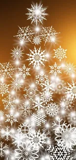 Golden background with snowflake Christmas tree design.