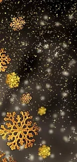 Golden snowflakes swirling on black background.