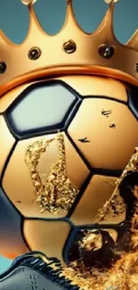 Golden soccer ball crowned with elegance in mobile wallpaper.
