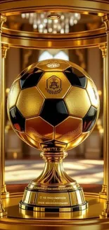Luxurious golden soccer trophy in an ornate display case.