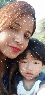 A family selfie with golden sparkles overlay in a park setting.