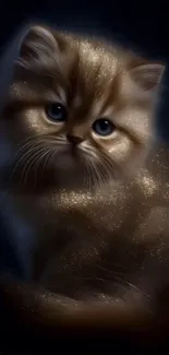 Enchanting golden kitten with sparkles in dark background.
