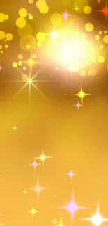 Golden bokeh mobile wallpaper with sparkles and stars.