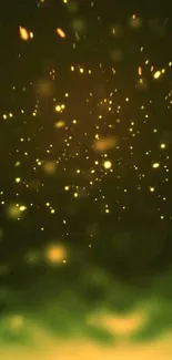 Golden light particles on olive green background for mobile wallpaper.