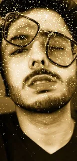 Golden sparkle portrait of a man wearing glasses, ideal for mobile wallpaper.