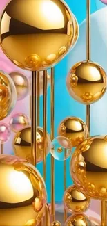 Golden reflective spheres with pink and blue background.