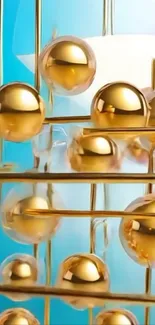 Golden spheres on vibrant blue abstract background.